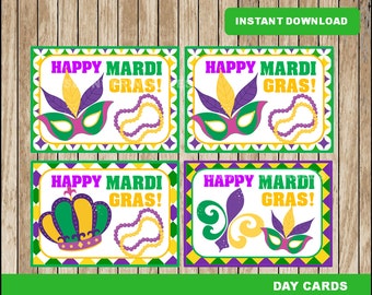 Mardi Gras cards; printable Mardi Gras printable cards, Mardi Gras tags instant download