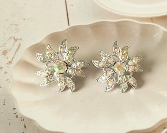 Vintage Sarah Coventry Rhinestone Snowflake/Starburst Clip On Earrings/Gift For Her/Wedding Earrings