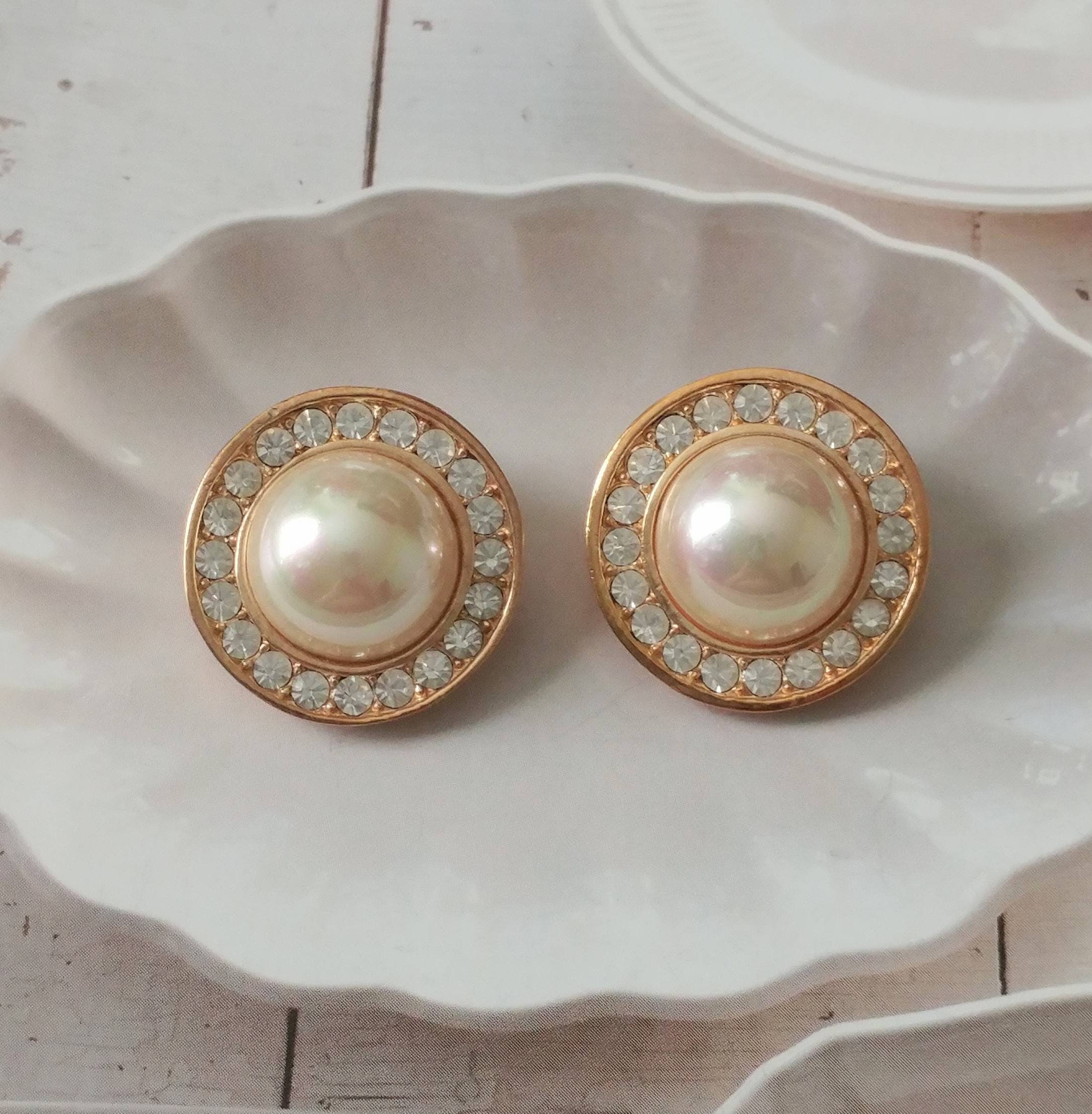Vintage Faux Pearl and Rhinestone Clip on Earrings Signed Roman Etsy