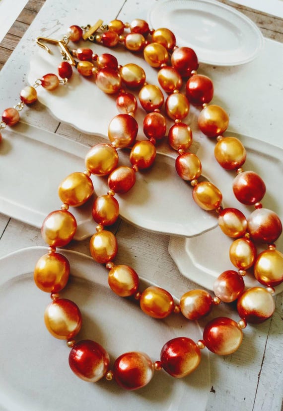 Vintage Double Strand Golden Peach Bead Necklace S
