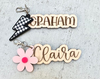 Name Keychain, Engraved Wood, Acrylic Charm, Personalized, Backpack Keychain, Diaper Bag Tag, Easter Basket Tag, Flower, Lightning Bolt
