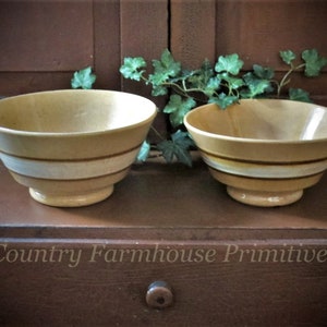 2 Antique Yellow Ware Tea Bowls | Waste Bowl | Mocha & White Band | Raised Bottom