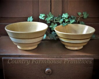Set of 2 Antique Yellow Ware Tea Bowls | Waste Bowl | Mocha & White Band | Raised Bottom