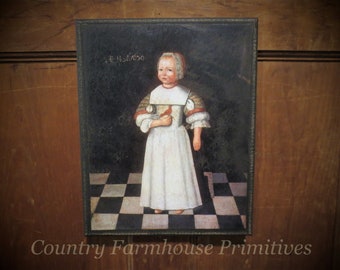 Primitive Portrait Aged Canvas | Child with Bird