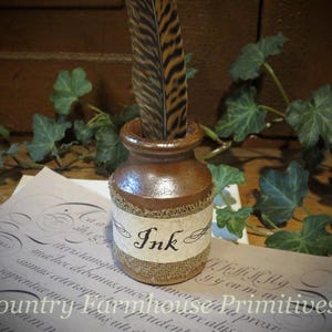 Antique Pottery Inkwell with Feather and Paper Bundle | Primitive
