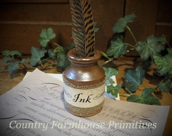 Antique Pottery Inkwell with Feather and Paper Bundle | Primitive