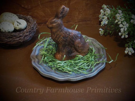 Primitive Rabbit Easter Display on Pewter Plate | Vintage Easter Decor