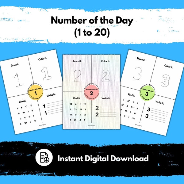 Number of the Day Worksheets (1 to 20, preschool worksheets, number tracing, learning numbers, kindergarten, homeschool, instant download)