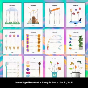 Line tracing worksheets for toddlers ages 2–4, pre-writing practice printable PDF with fun line tracing activities to build fine motor skills. 17-page instant download preschool learning worksheet set.