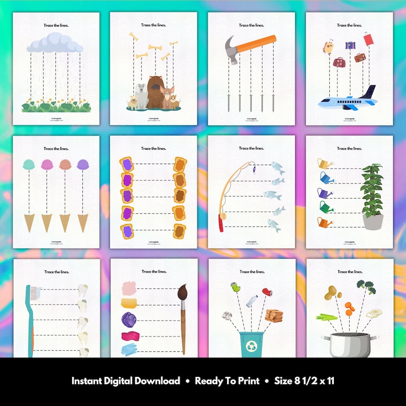 Line tracing worksheets for toddlers ages 2–4, pre-writing practice printable PDF with fun line tracing activities to build fine motor skills. 17-page instant download preschool learning worksheet set.