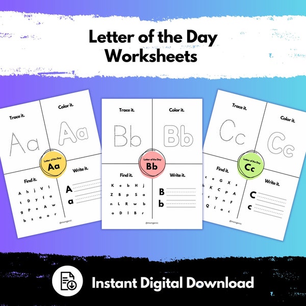 Letter of the Day Worksheets (homeschool, preschool, pre-k, alphabet, a to z, toddler learning, kindergarten, printable, instant download)