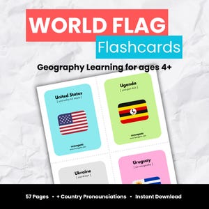 World Flag Flashcards Printable | Geography Learning for Kids Ages 4+, Country Flags with Pronunciations, Preschool & Homeschool PDF