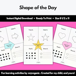 Forma del día (hojas de trabajo para niños pequeños, figuras y formas, aprendizaje temprano, hojas de trabajo preescolar, educación en el hogar, imprimibles, descarga instantánea)