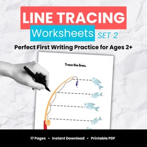 Line tracing worksheets for toddlers ages 2–4, pre-writing practice printable PDF with fun line tracing activities to build fine motor skills. 17-page instant download preschool learning worksheet set.