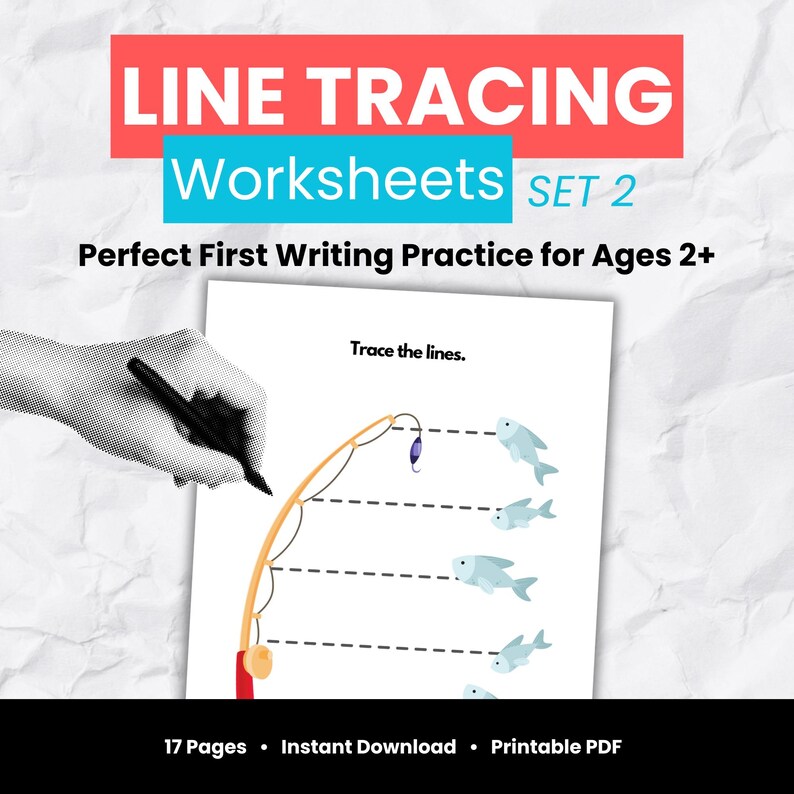 Line tracing worksheets for toddlers ages 2–4, pre-writing practice printable PDF with fun line tracing activities to build fine motor skills. 17-page instant download preschool learning worksheet set.