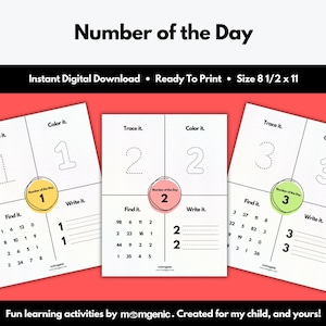 Number of the Day Worksheets (1 to 20, preschool worksheets, number tracing, learning numbers, kindergarten, homeschool, instant download)