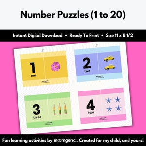Rompecabezas de números del 1 al 20 (contar hasta 20, matemáticas para preescolar, rompecabezas para niños pequeños, aprendizaje temprano, educación en el hogar, descarga instantánea)