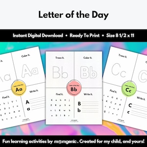 Planilhas da Carta do Dia (ensino em casa, pré-escola, pré-escolar, alfabeto, de A a Z, aprendizagem infantil, jardim de infância, para impressão, download instantâneo)