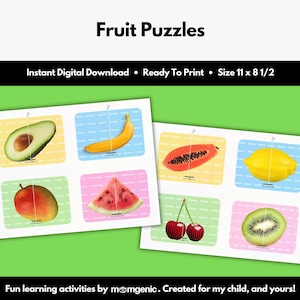 Quebra-cabeças de frutas (cartas correspondentes, quebra-cabeças para crianças, reconhecimento de frutas, simetria, pré-escola, pré-jardim de infância, educação domiciliar, download instantâneo)