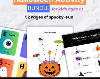 Könnte beinhalten: Ein Halloween-Aktivitätenpaket mit 52 Seiten voller Spaß für Kinder ab 2 Jahren. Das Set enthält Alphabet-Karten mit einem Augapfel und Geist, ein Arbeitsblatt zum Nachzeichnen von Linien mit Süßigkeiten und eine Schnitzeljagd.