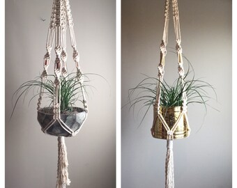 ELSA 60" Large Macramé Plant Hanger//Bulky Chunky Natural White Boho Hippie Decor Retro 70s Plants Thick Copper Beads Planter