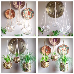 May include: Four macrame plant hangers with different styles and materials. Two are hanging with glass globes, and two are hanging with brass pots and green plants.