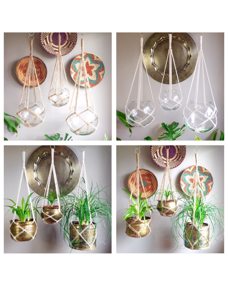 May include: Four macrame plant hangers with different styles and materials. Two are hanging with glass globes, and two are hanging with brass pots and green plants.