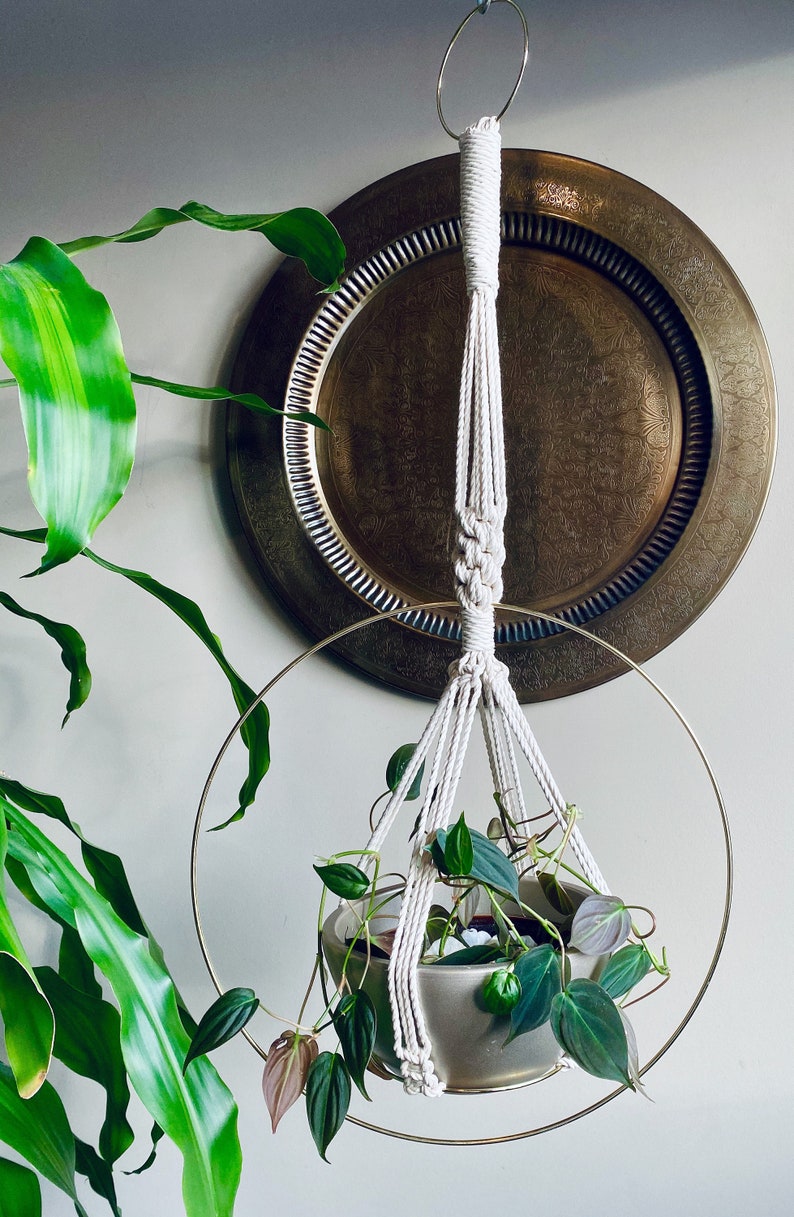 MINI ATEN Hoop Macramé Plant Hanger//brass Ring White Cotton Etsy