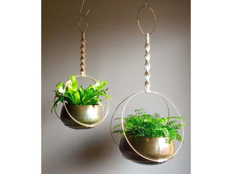 SANSA Hoop Macram\u00e9 Plant Hanger\/\/Brass Ring White Black Jute Cord Hanging Macram\u00e9 Plants Rustic Bohemian Plant