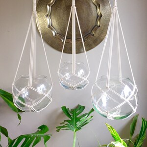 May include: Three white macrame plant hangers with glass globes. The hangers are suspended from hooks on a wall. The globes are empty and ready to be filled with plants.