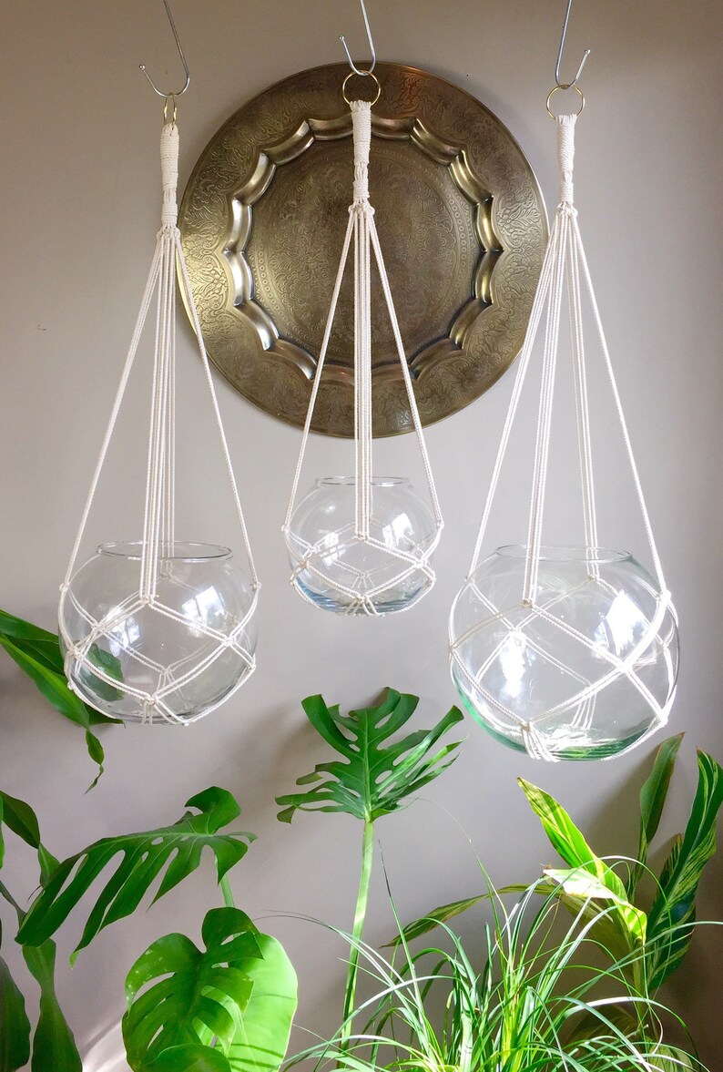 May include: Three white macrame plant hangers with glass globes. The hangers are suspended from hooks on a wall. The globes are empty and ready to be filled with plants.