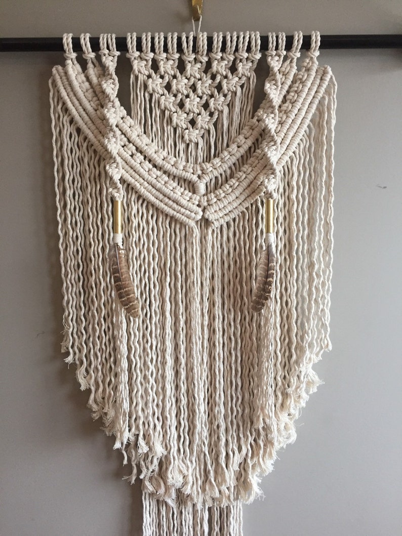 30 Large Macramé Wall Hanging Black Rod Feathers Boho | Etsy