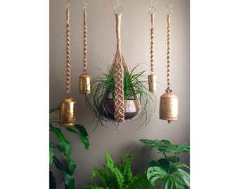 Brass BELLS or VANESSA with Pot//Jute Macramé Plant Hangers Design Yoga Studio Hatha Boho Hippie Bell Bohemian Planter Hanging Macramé