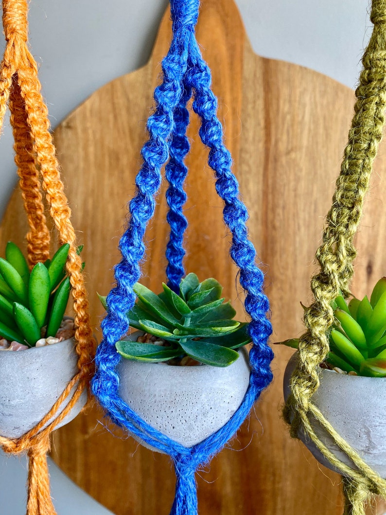 DIY Kit MINI LYRA Macramé with Faux Succulent Plant//Blue Green Yellow Hoop Plant Hanger Brass Ring Natural Jute Teen Small Spaces image 3