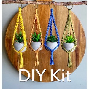 DIY Kit MINI LYRA Macramé with Faux Succulent Plant//Blue Green Yellow Hoop Plant Hanger Brass Ring Natural Jute Teen Small Spaces image 1