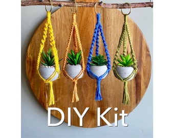 DIY Kit MINI LYRA Macramé with Faux Succulent Plant//Blue Green Yellow Hoop Plant Hanger Brass Ring Natural Jute Teen Small Spaces