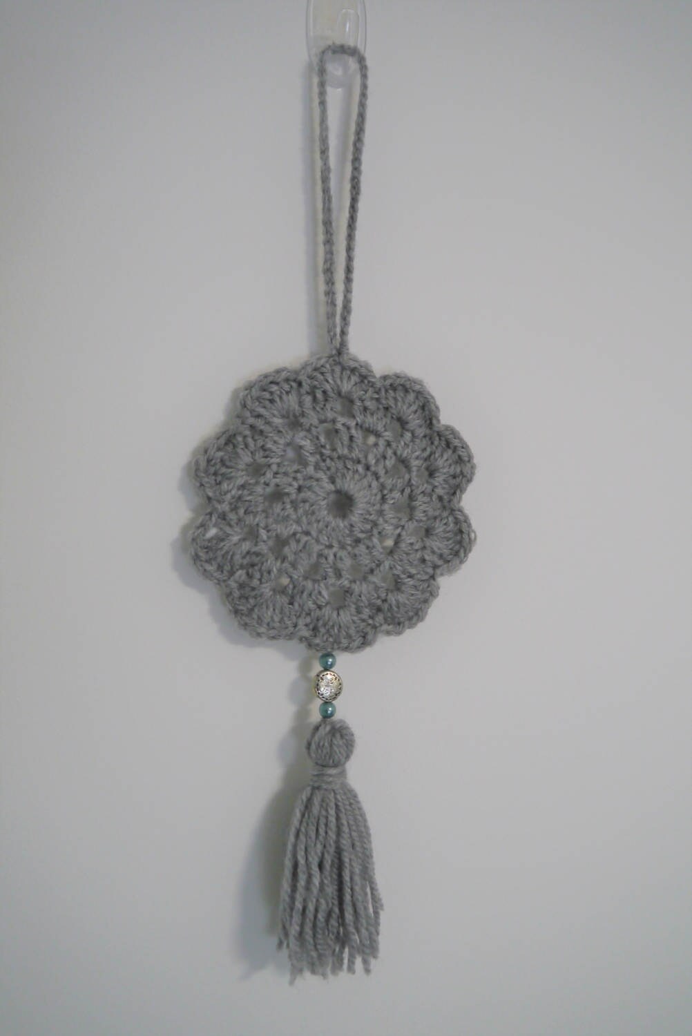 Grey rear view mirror charm crochet circle wall hanging decor Etsy