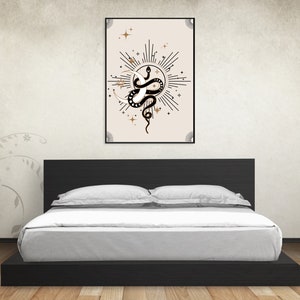 Moon and Sun Snake Boho Art Print Poster, Black and Gold Celestial Witchy Room Decor
