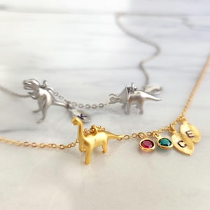 Petite Dinosaur Necklace, custom birthstone initial mom and baby Dinosaur necklaces,Tiny dinosaur Necklace for child for Mom for baby girl