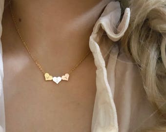 Delicate Petite 3 Heart necklace, 3 Heart charm necklaces,Layering necklace, Tiny Necklace ,Bridesmaid Gift, valued gift