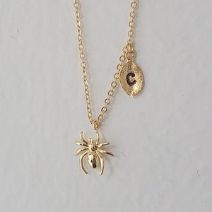 Spider Necklace with Initial Leaf, Dainty Gold Spider Necklaces,Gold Bug necklaces for mom kids,bridesmaid gift,Christmas gift, mother's day