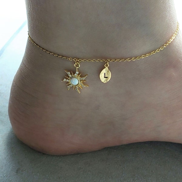 Sunburst Anklet, Dainty Opal minimaliste flaming sun sunshine Layering Anklet pour mère, bijoux célestes, vintage, boho, cadeau de fête des mères