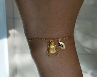 Beetle Bracelet with Initial Leaf, Dainty Gold Beetle Bracelets, Gold Bug Bracelets for mom baby,bridesmaid gift,Christmas gift, mothers day