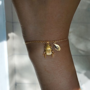 Beetle Bracelet with Initial Leaf, Dainty Gold Beetle Bracelets, Gold Bug Bracelets for mom baby,bridesmaid gift,Christmas gift, mothers day