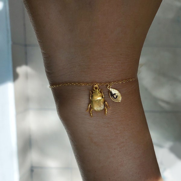 Beetle Bracelet with Initial Leaf, Dainty Gold Beetle Bracelets, Gold Bug Bracelets for mom baby,bridesmaid gift,Christmas gift, mothers day