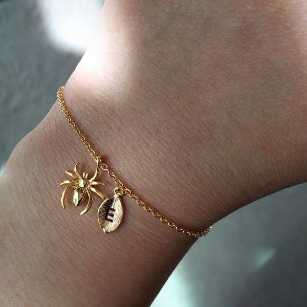 Spider Bracelet with Initial Leaf, Dainty Gold Spider Bracelets for kids, Gold Bug Bracelets for mother, bridesmaid gift, Christmas gift