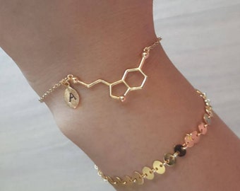 Delicate Serotonin Bracelets,Delicate Molecule Bracelet, birthstone,Initial coin bracelet,Thin Gold Chain,Layering Bracelet ,Bridesmaid Gift