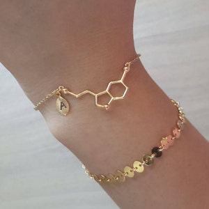 Delicate Serotonin Bracelets,Delicate Molecule Bracelet, birthstone,Initial coin bracelet,Thin Gold Chain,Layering Bracelet ,Bridesmaid Gift image 1