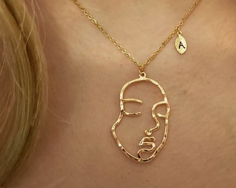 18k gold Big Face Necklace,Abstract Face Pendant Necklace,Fancy necklace,initial leaf necklace,Layering necklace,Bridesmaid Gift,valued gift