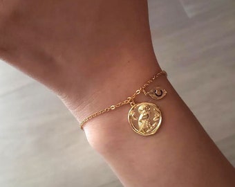 Athena owl coin Medallion Bracelet ,Sealing Wax Bracelet ,owl Bracelet ,layered Bracelet ,leaf Bracelet ,Bridesmaid Gift,birthday gift